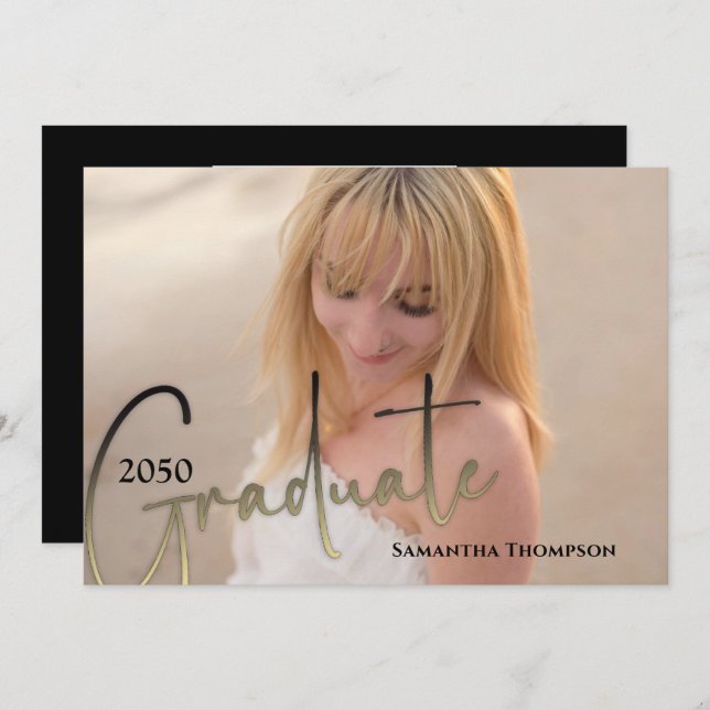 Graduate Calligraphy Script Black Gold Two Photo Invitation (Front/Back)
