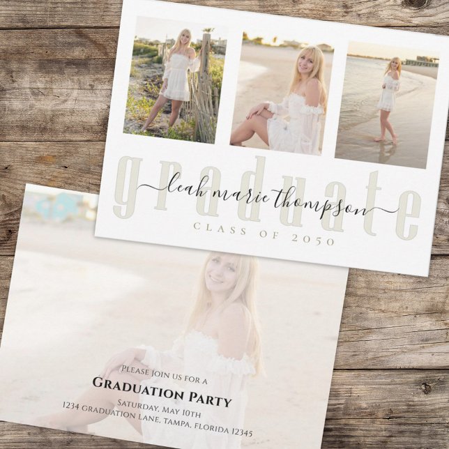 Graduate Calligraphy Script Gold Simple Four Photo Invitation (Graduation photo collage graduate typography invitation announcement. )