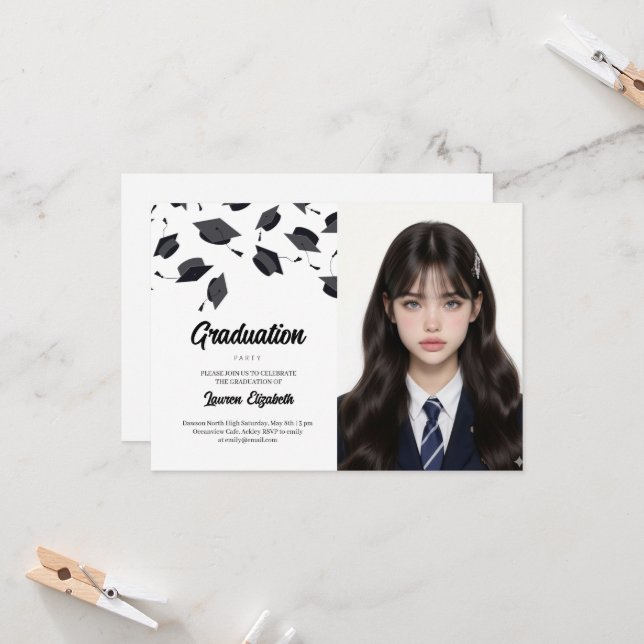 Graduate Cap Modern Typography Graduation Party  Invitation (Front/Back In Situ)