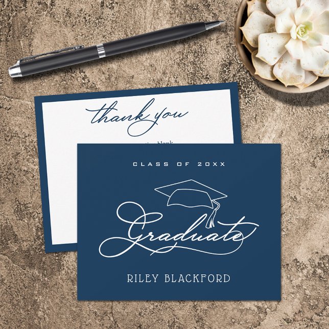 Graduate Cap Navy Blue Card (Graduation cap on navy blue flat thank you note cards have room for your message on the back.)