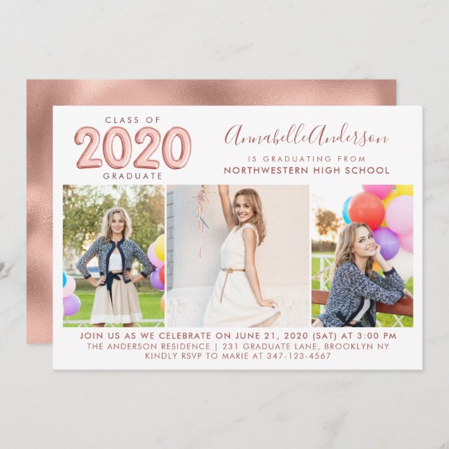 Graduate Class 2020 Rose Gold Balloon Graduation Invitation (Front/Back)