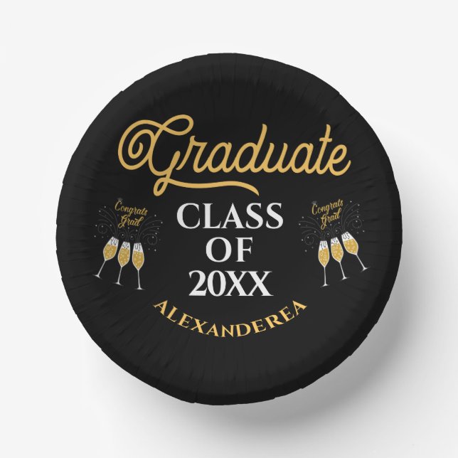 Graduate Class Congrats Gold Black Personalise Paper Plate (Front)