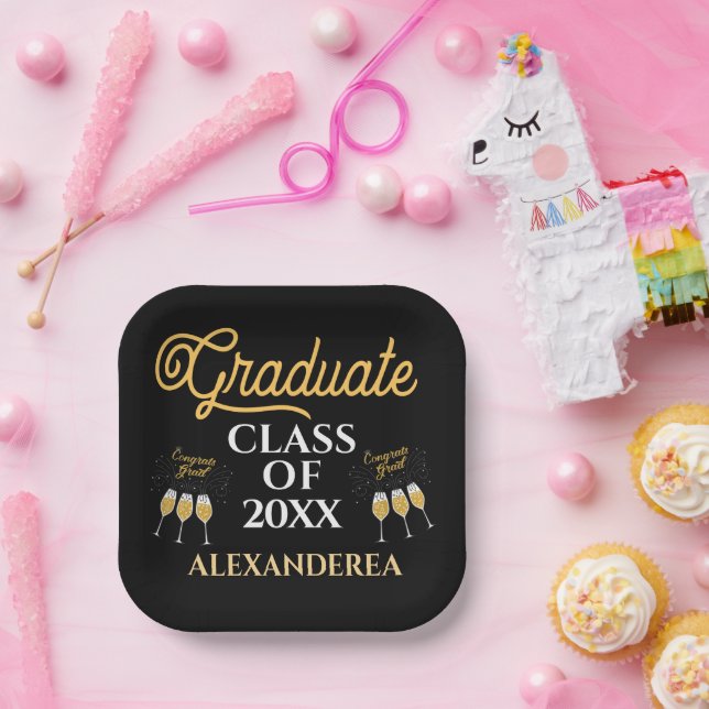 Graduate Class of 2022 Congrats Gold Black Custom Paper Plate (Party)