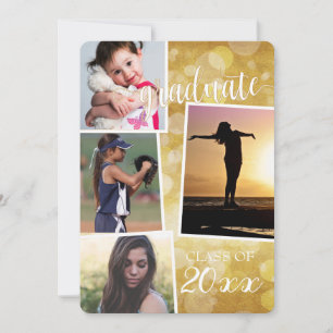 Graduate Class of 20__ Gold Bokeh with 4 pics Invi Invitation