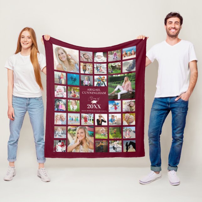 Graduate Class of Burgundy Maroon 35 Photo Collage Fleece Blanket (In Situ)