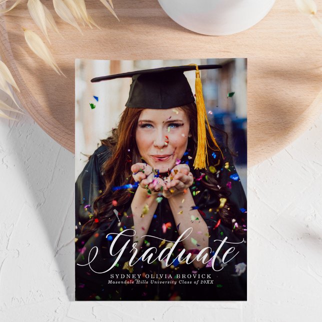 Graduate classic script red photo graduation announcement (Creator Uploaded)