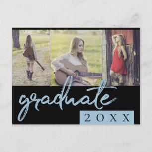 Graduate Collage   Blue Script 3 Photo Keepsake Invitation Postcard