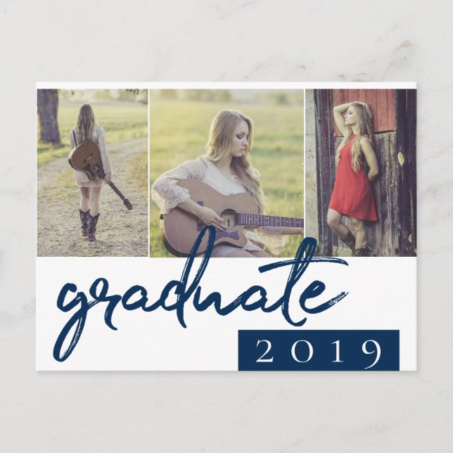 Graduate Collage | Navy Script 3 Photo Keepsake Invitation Postcard (Front)