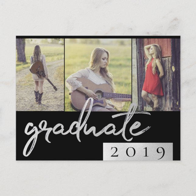 Graduate Collage | Silver Script Trendy 3 Photo Invitation Postcard (Front)