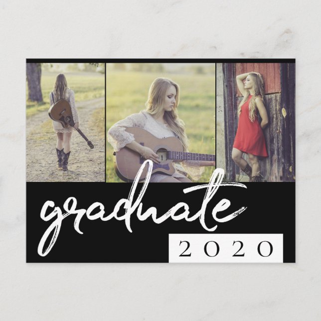 Graduate Collage | Simple Script 3 Photo Keepsake Invitation Postcard (Front)