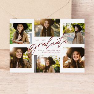 Graduate collage six photo modern red graduation announcement