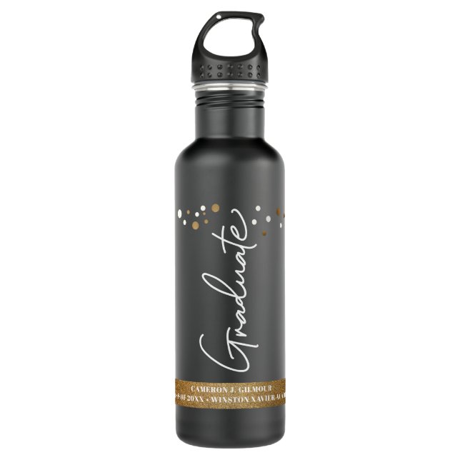 Graduate Custom School name Confetti Gold black  710 Ml Water Bottle (Front)