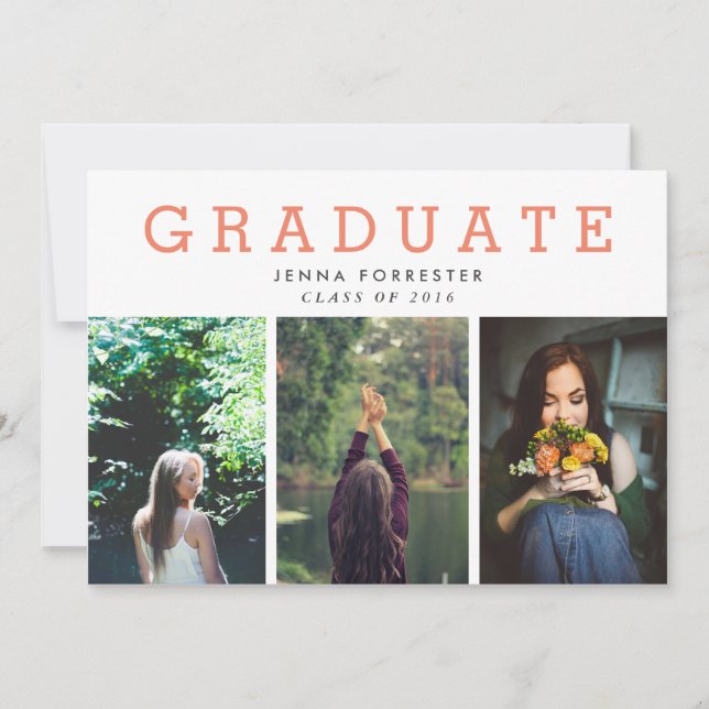 Graduate Cute Script Three Photos Coral Invitation (Front)