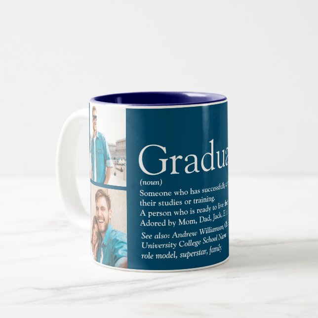 Graduate Definition Photo Collage Fun Blue Two-Tone Coffee Mug (Front Left)