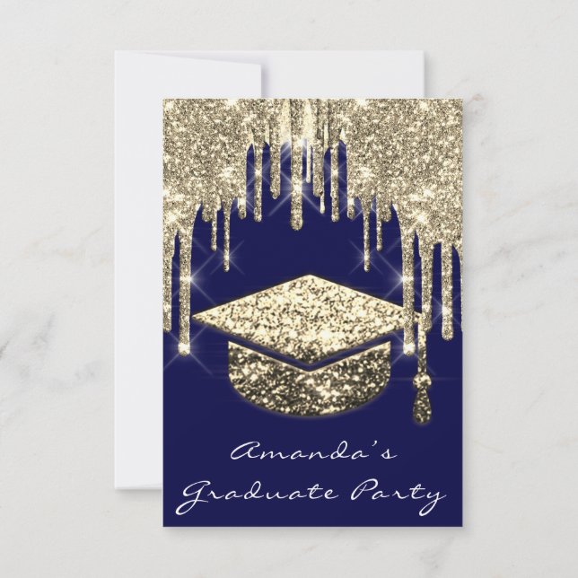 Graduate Drips Gold Cap 3D Glam Blue Navy Invitati Invitation (Back)