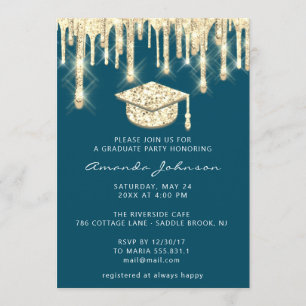 Graduate Drips Gold Cap Glitter Glam Teal 3D Invitation