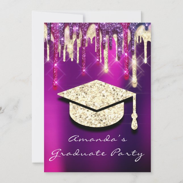 Graduate Drips Gold Cap Glitter Holograph PINK 3D Invitation (Back)