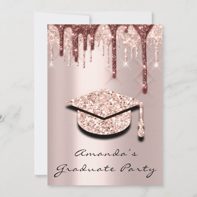 Graduate Drips Rose Gold Cap 3D Brown Glam Party Invitation (Back)
