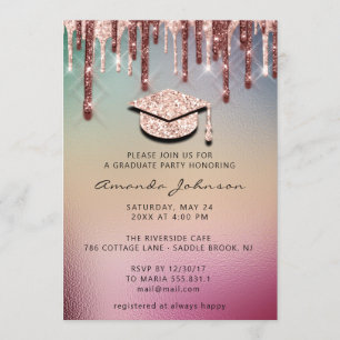 Graduate Drips Rose Gold Cap 3D  Glam HOLOGRAPH Invitation