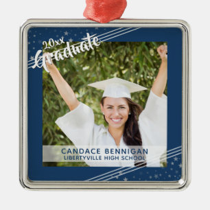 Graduate, Editable Blue, Lines & Stars Keepsake Metal Ornament