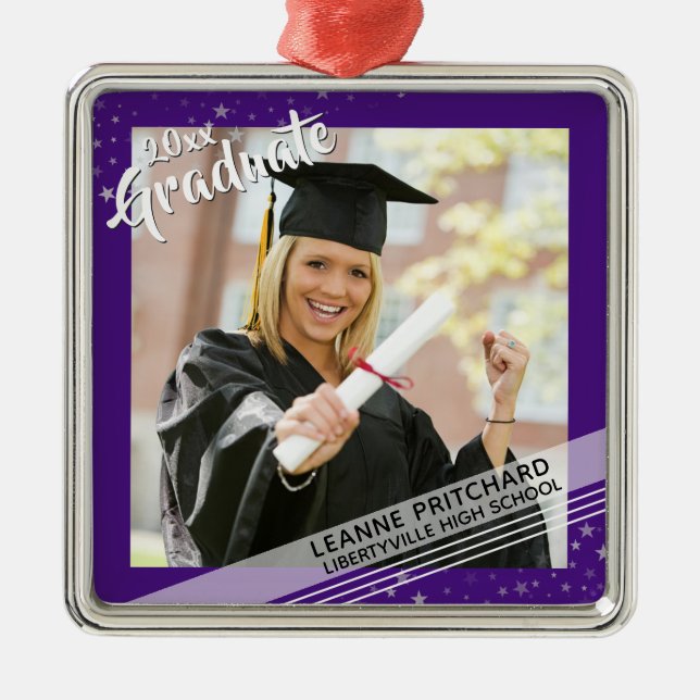 Graduate, Editable Purple Border, Photo Metal Ornament (Front)
