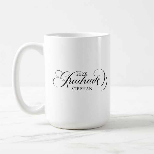 Graduate Elegant Black Script Typography Coffee Mug (Left)