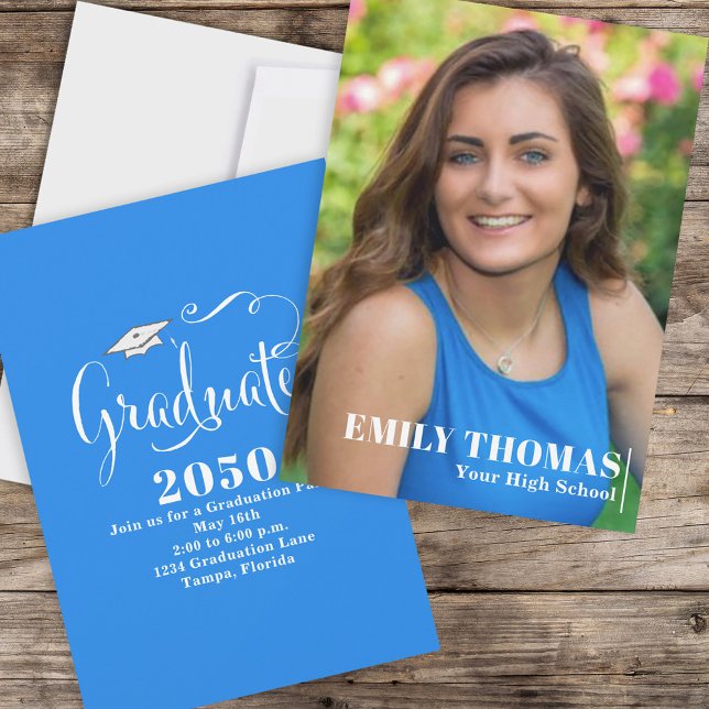 Graduate Elegant Calligraphy Script Blue Photo Invitation (Creator Uploaded)
