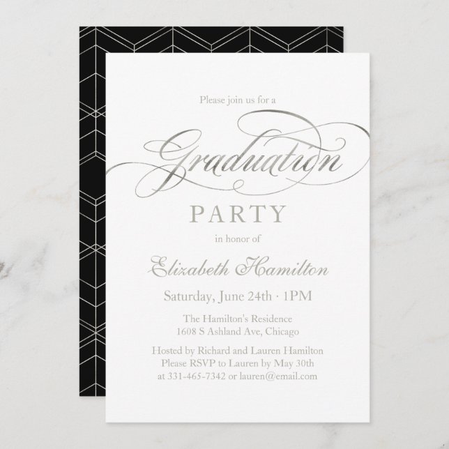 Graduate Elegant Foil Silver Script Grad Party Invitation (Front/Back)