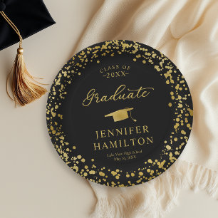 Graduate Elegant Gold Confetti On Black Graduation Paper Plate