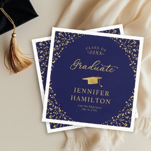 Graduate Elegant Gold Confetti On Blue Graduation Napkin