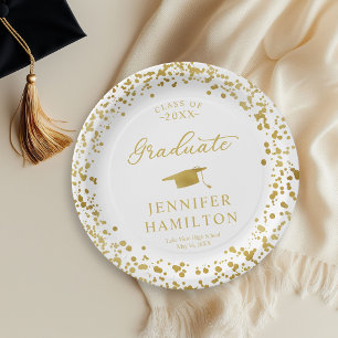 Graduate Elegant Gold Confetti On White Graduation Paper Plate