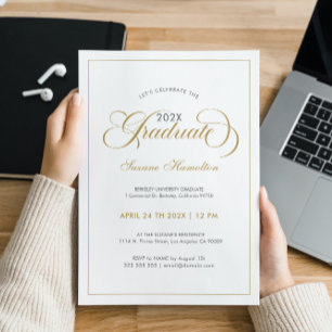 Graduate Elegant Gold White Grey Script Typography Invitation