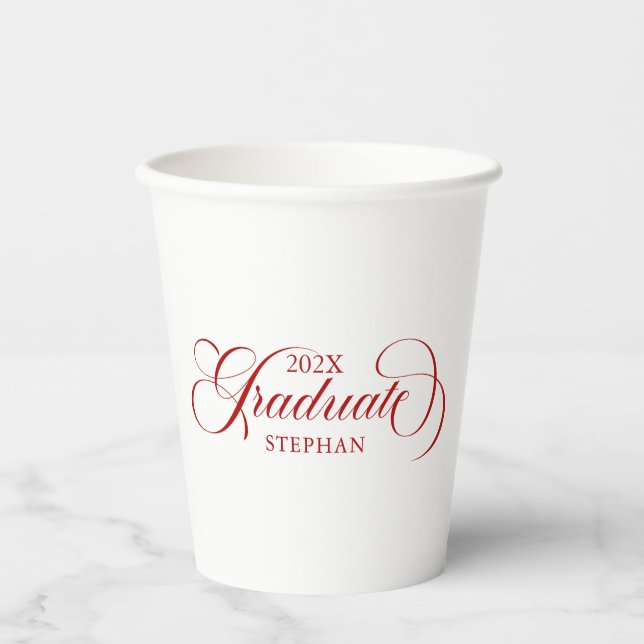 Graduate Elegant Red Script Typography Paper Cups (Front)