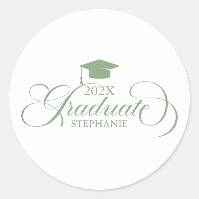 Graduate Elegant Sage Green Script Typography Classic Round Sticker (Front)