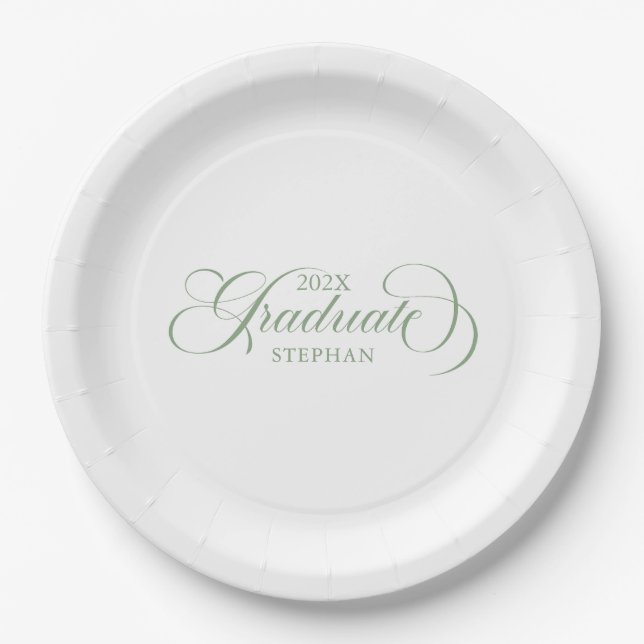 Graduate Elegant Sage Green Script Typography Paper Plate (Front)