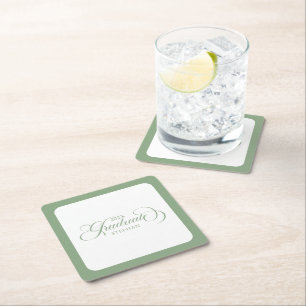 Graduate Elegant Sage Green Script Typography Square Paper Coaster