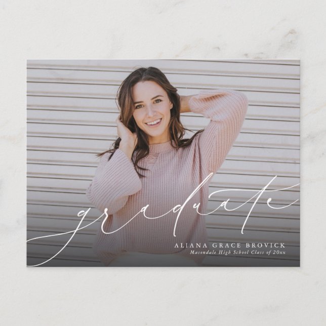 Graduate elegant script horizontal graduation invitation postcard (Front)