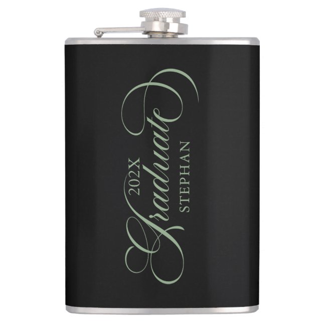 Graduate Elegant Sege Green Script Typography Hip Flask (Front)