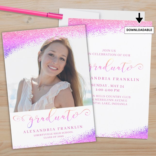 Graduate Fancy Script Pink Faux Glitter Photo Invitation (Creator Uploaded)