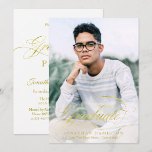 Graduate Faux Foil Gold Elegant Script Photo Invitation
