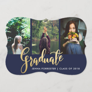 Graduate Faux Gold Foil Script Photo   Navy Blue Invitation