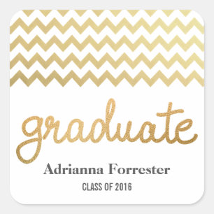 Graduate Faux Gold Foil Typography Chevron Pattern Square Sticker