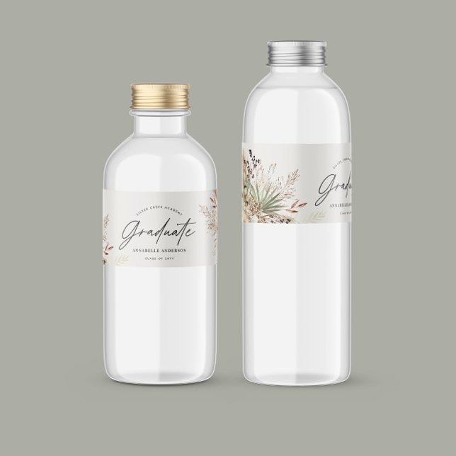 Graduate favour pampas eucalyptus elegant script water bottle label (Creator Uploaded)