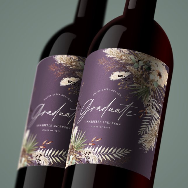Graduate favour pampas eucalyptus floral purple wine label (Creator Uploaded)