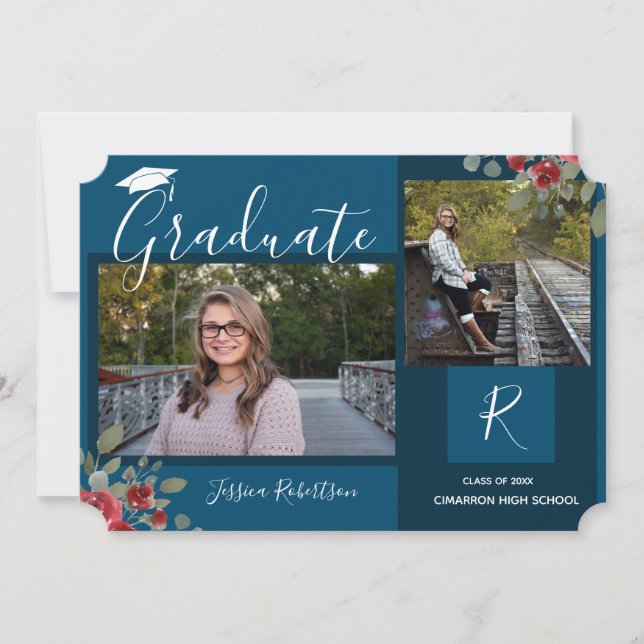 Graduate Flowers and Squares Script Blue Announcement (Front)