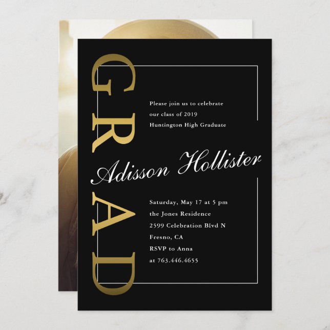 Graduate Formal Gold Black Photo Graduation Party Invitation (Front/Back)