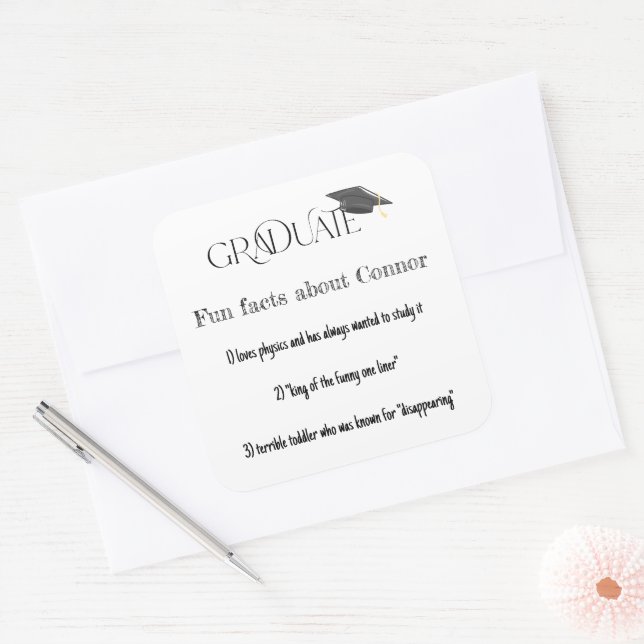 Graduate Fun Facts with Graduation Cap Square Sticker (Envelope)