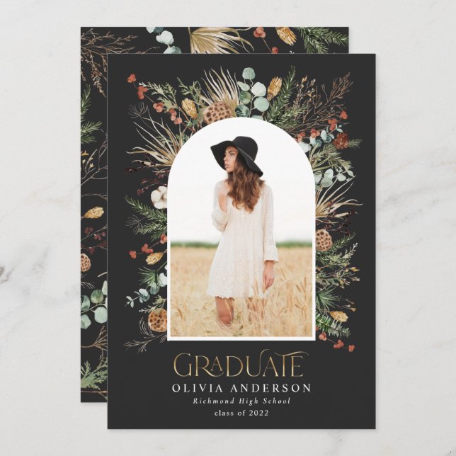 Graduate gold 1 photo black arch botanical modern announcement (Front/Back)