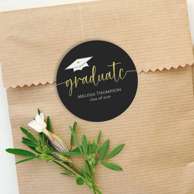 Graduate Gold Black Simple Graduation Cap Classic Round Sticker (Creator Uploaded)