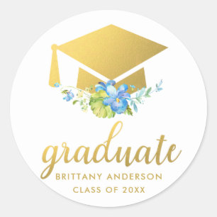 Graduate Gold Blue Watercolor Floral Classic Round Sticker